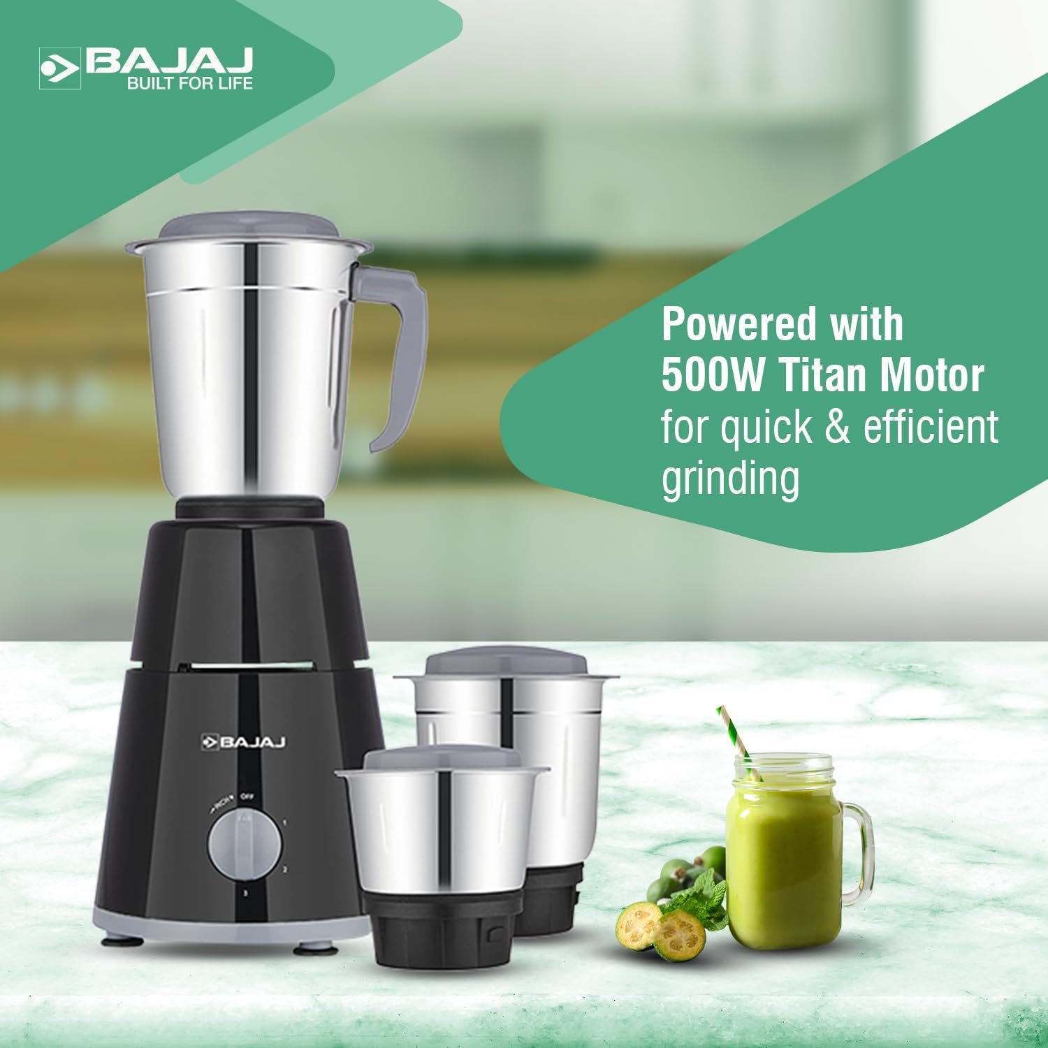 Bajaj GX-1 Mixer Grinder 500W|Superior Mixie For Kitchen|2-in-1 for Dry Grinding| Blade Function With Titan Motor|3 Stainless Steel Mixer Jars|1 Year... - View 4